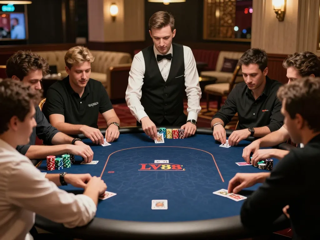 Winning at LV88 poker table with players engaged in high-stakes game surrounded by a vibrant casino atmosphere