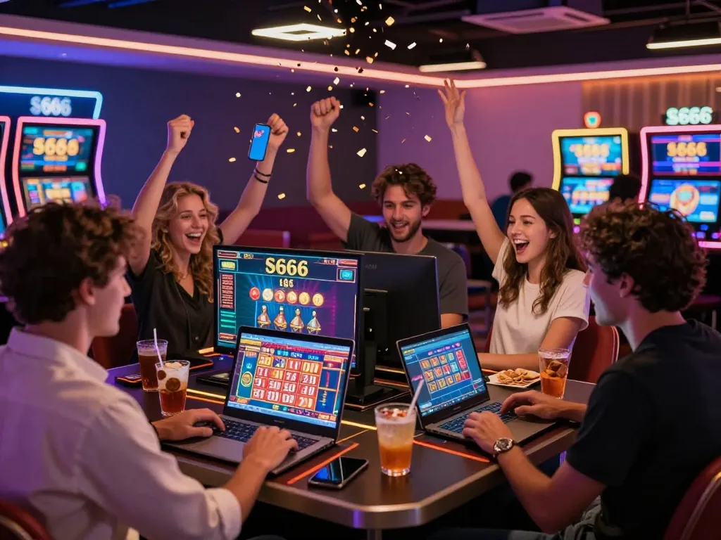 Excited friends celebrating a big win on the S666 online casino platform in a vibrant gaming environment.