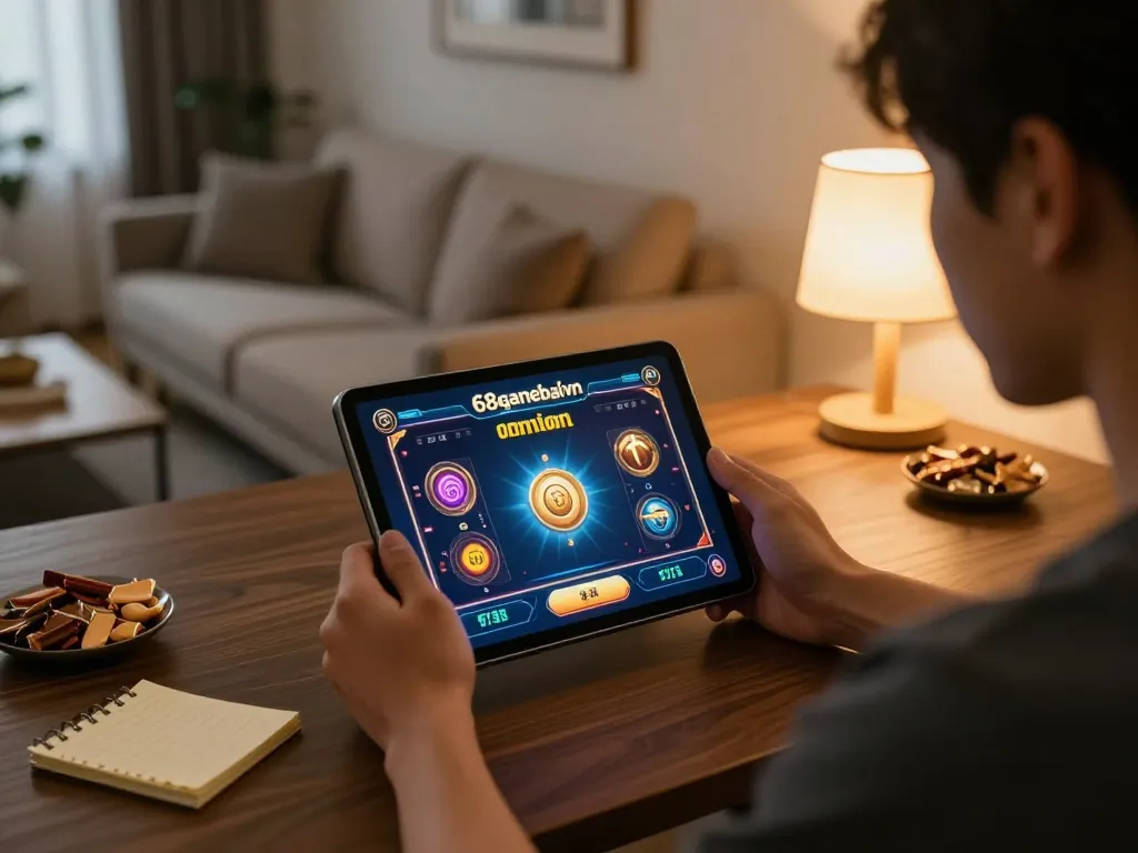 Engaged player at 68gamebaivn using tablet for online gambling in a cozy home setup