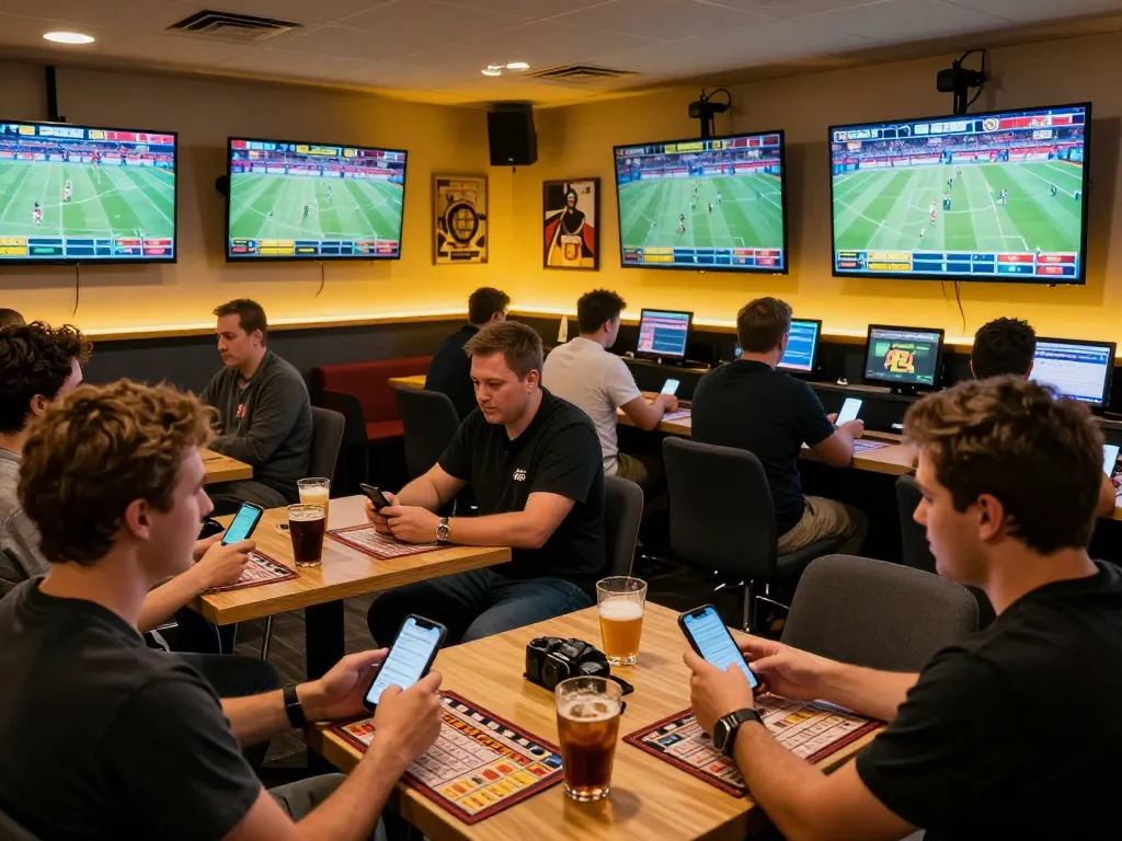 Excited bettors enjoying sports betting at tylekeonhacai88 lounge with multiple screens.