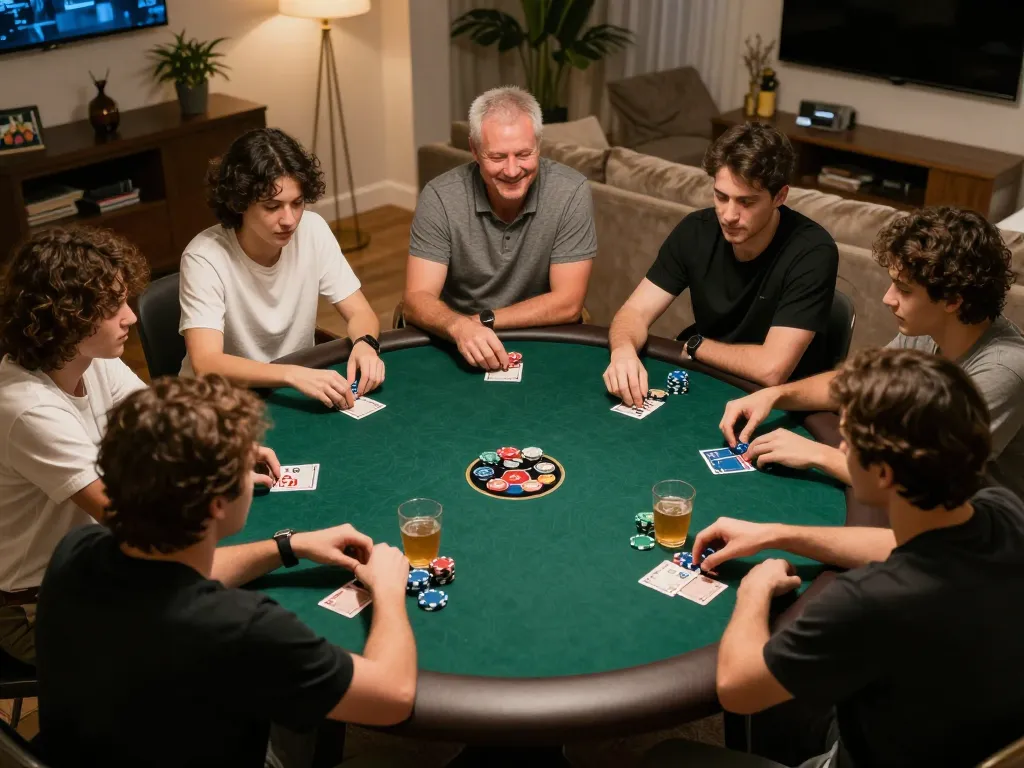 Players enjoying a festive poker night at home, showcasing kkwin-friendly gameplay and social connection.