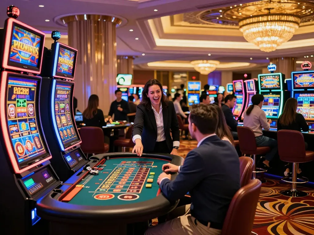 Players celebrating a win at the lively LC88app slot machine area, demonstrating the excitement of online casino gaming.