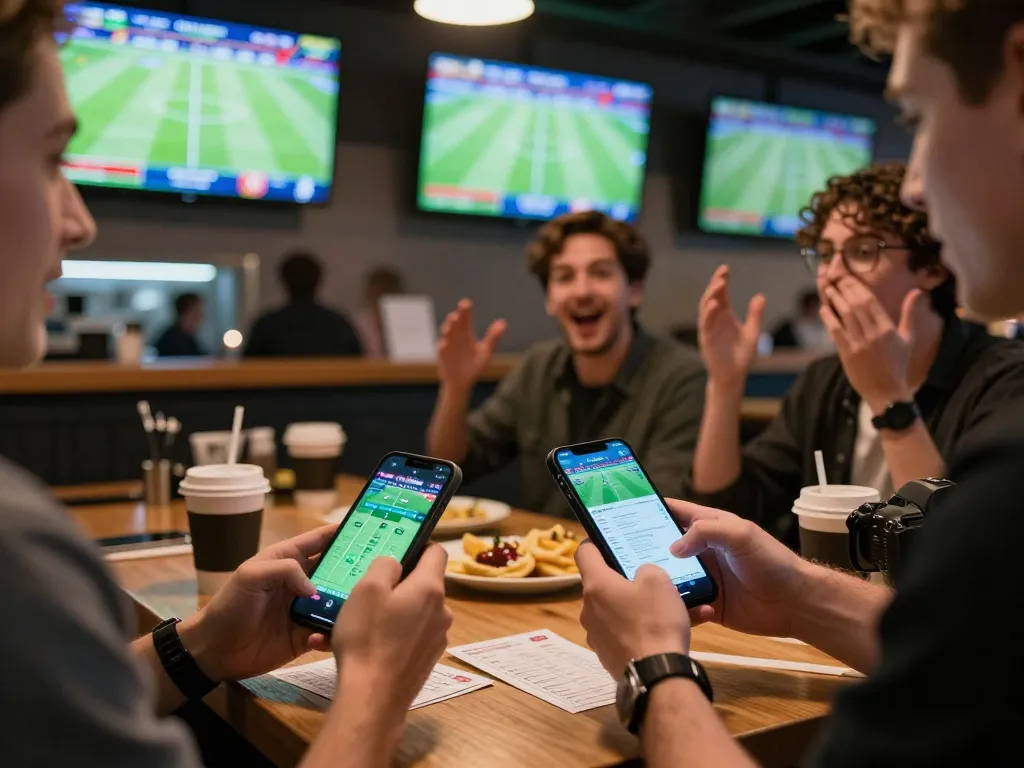 Tỷ lệ bóng đá being analyzed on mobile app during a lively sports betting session in a modern bar.