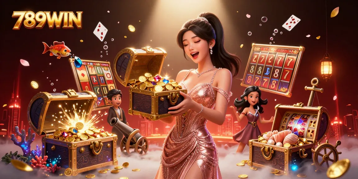 Join the excitement of 789WIN with a vibrant scene of slot games and treasure as a joyful woman presents riches.