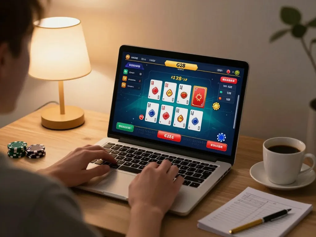 Engage in online gaming excitement with G28 on a cozy laptop setup, featuring vibrant card action.