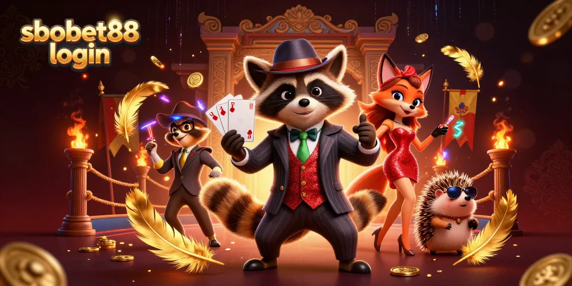 Experience sbobet88 login with a stylish raccoon, fox lady, and hedgehog at a vibrant casino scene.