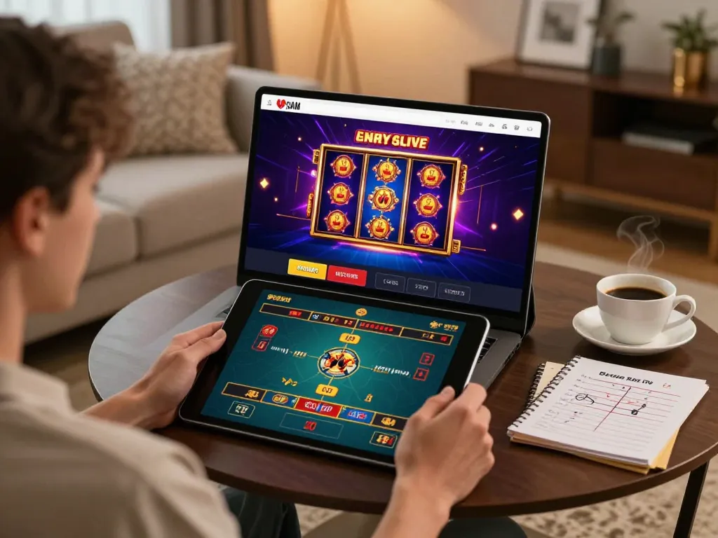 MM 88 online gaming experience with a person enjoying vibrant slot games on a tablet at home.