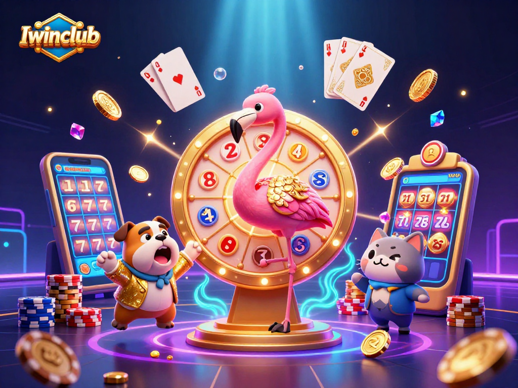 Iwinclub brings excitement with a dynamic game show scene featuring a lively flamingo host and prizes in a vibrant casino.