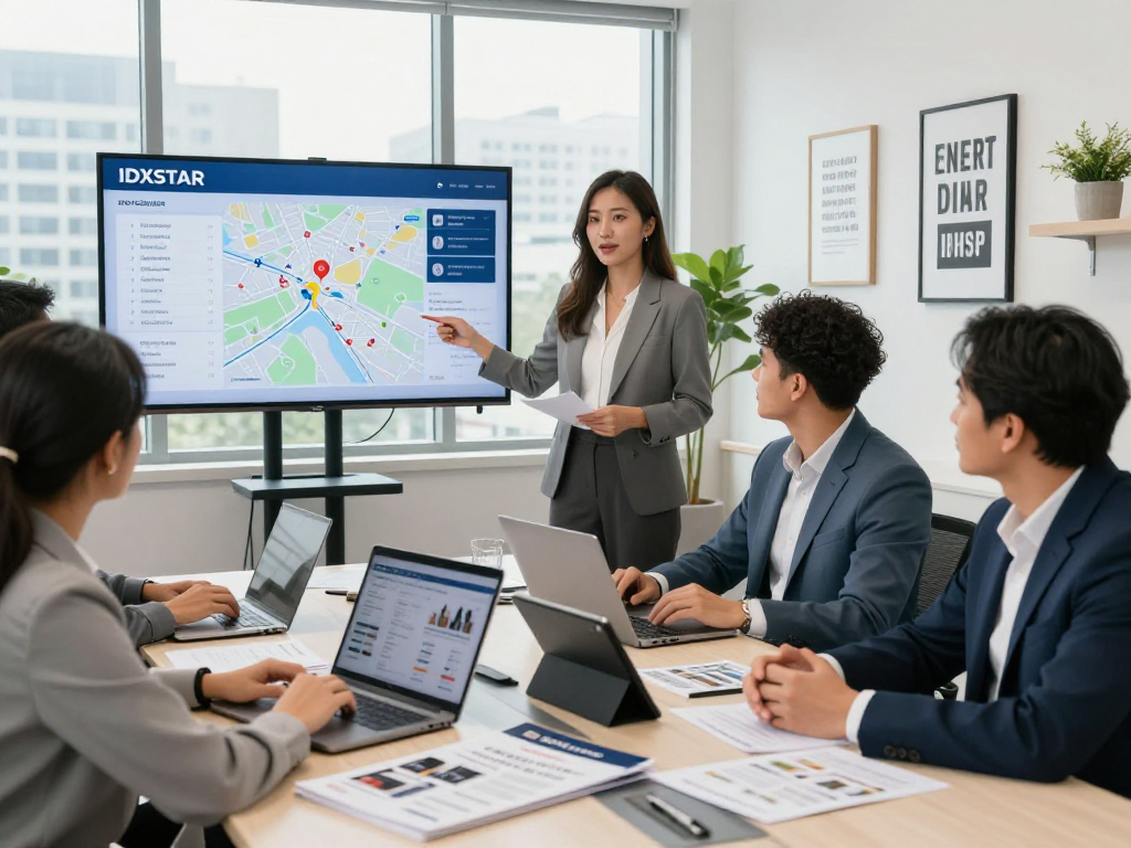 IDXSTAR analytics presentation in a modern real estate office with a diverse team discussing property strategies.