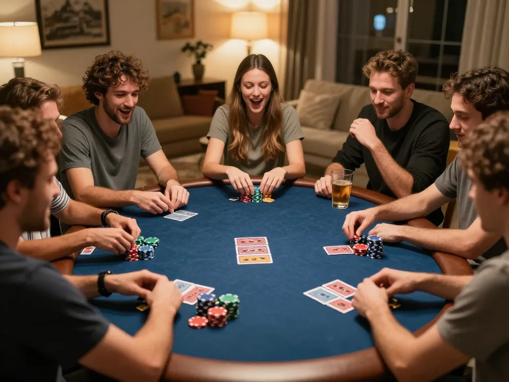 Rachit hosts a lively home poker night with friends enjoying strategic gameplay and snacks.