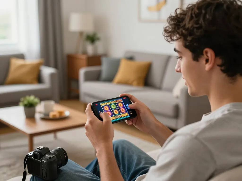 Engaged player enjoying mobile slots on the smartphone in a stylish living room, showcasing 789WIN gameplay.