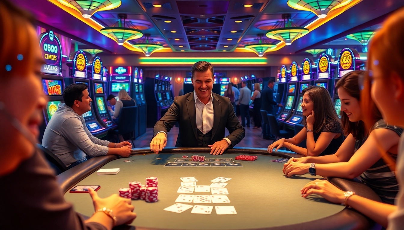 Engaged players enjoying high-stakes games at open88 casino with luxurious poker tables and bright slot machines.