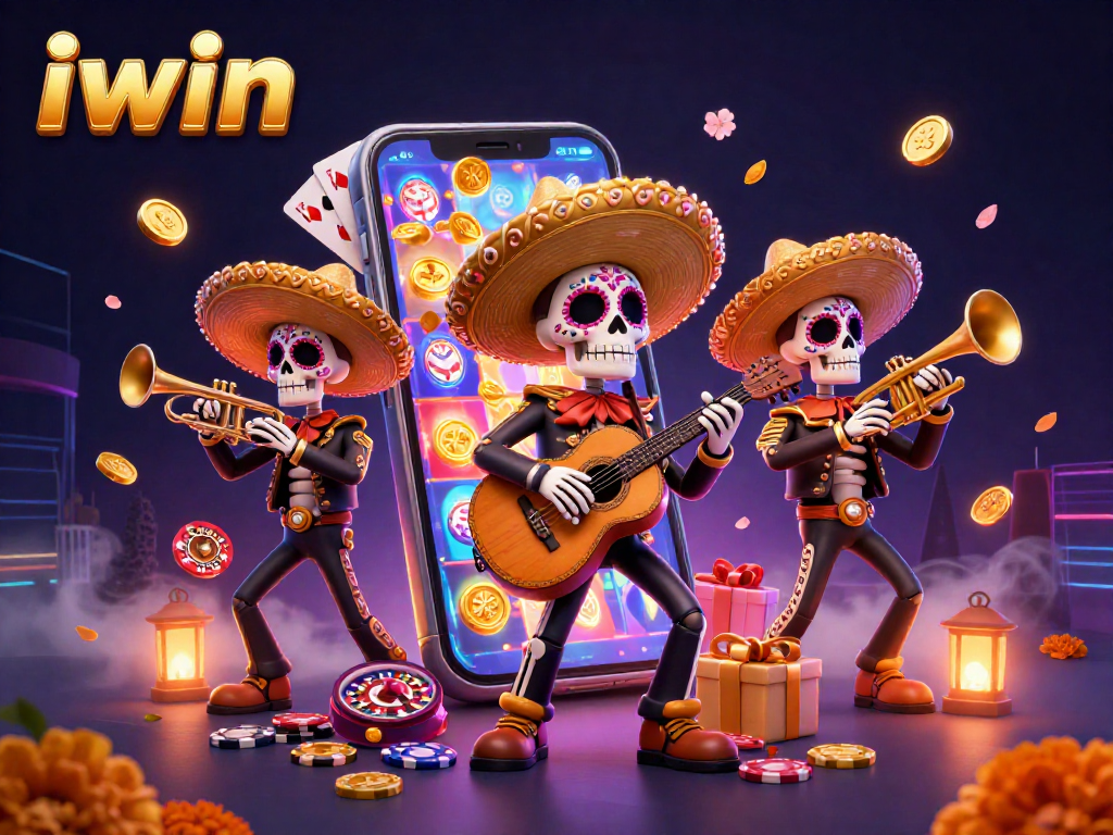 Experience iwin's vibrant slots with a lively mariachi celebration in a colorful 3D scene.