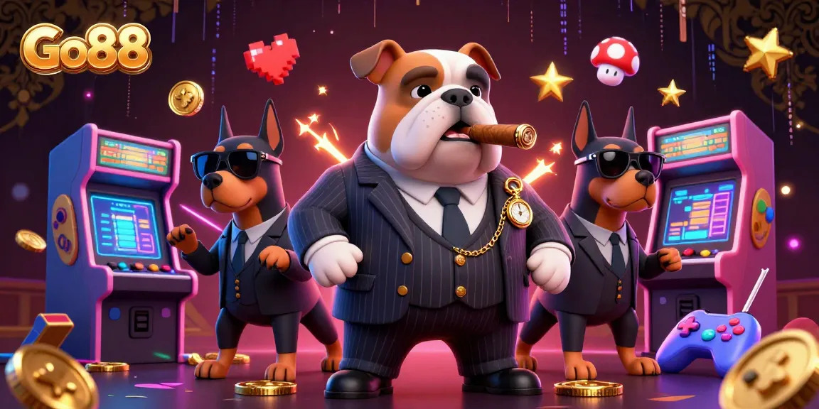 Go88 gaming scene with a mafia boss bulldog and Doberman bodyguards playing arcade games and winning prizes.
