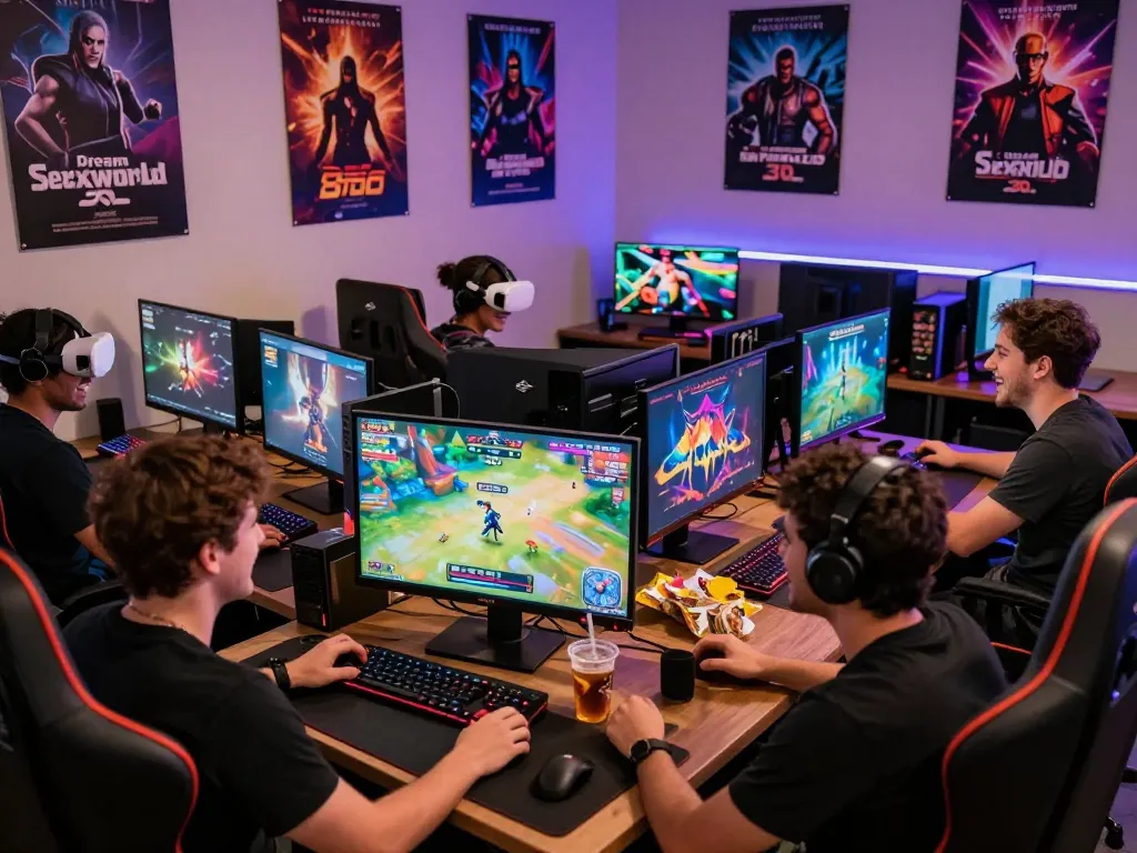 Players enjoying a sex game together, showcasing interactive gameplay and vibrant atmosphere at gaming desks.