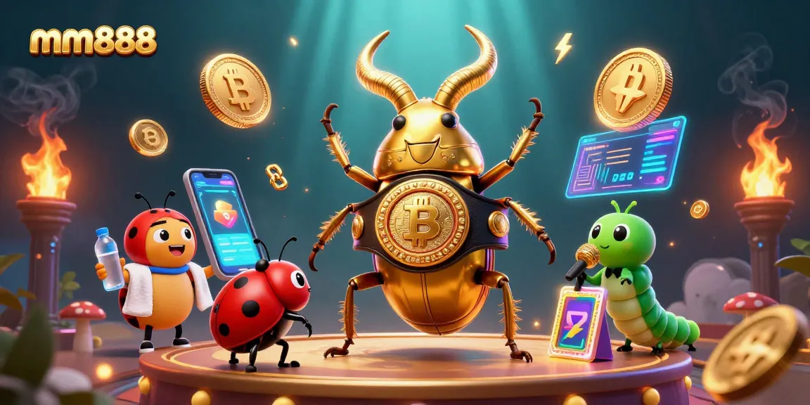 Engage with mm888's thrilling casino experience featuring animated characters amidst vibrant gambling elements.