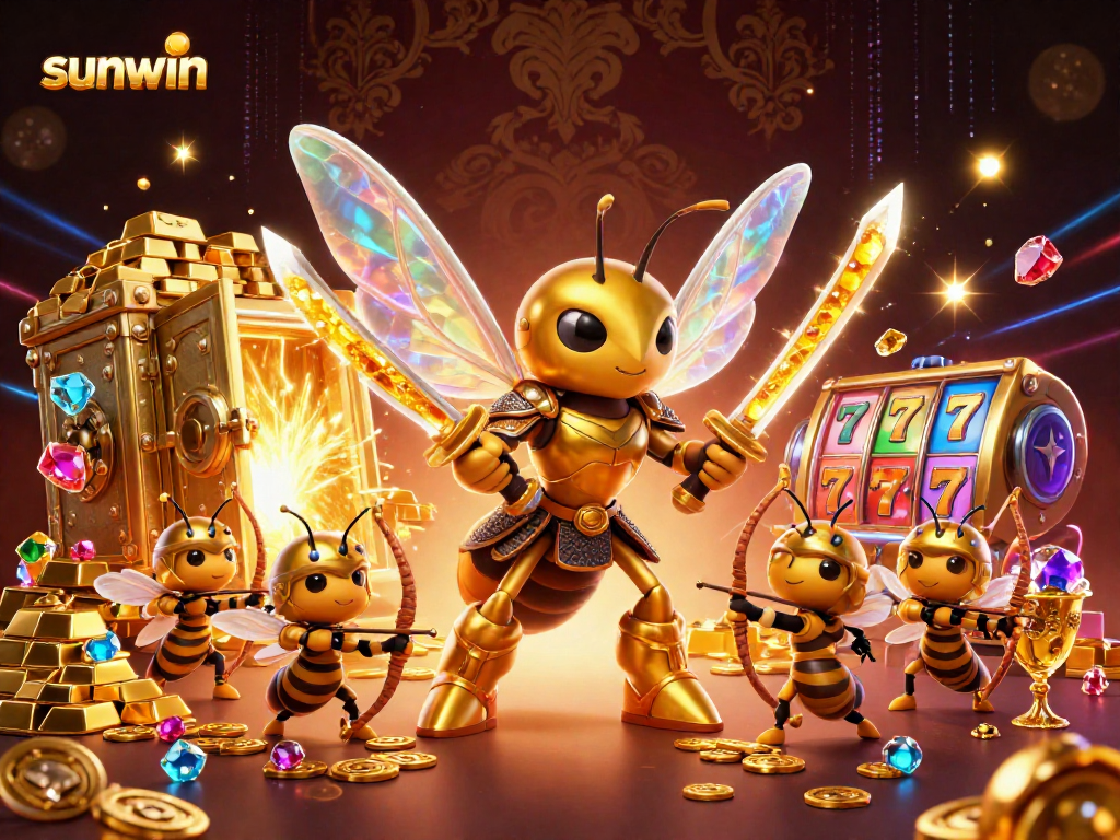 Engage with sunwin's vibrant 3D casino scene featuring a golden hornet samurai, symbolizing thrilling gameplay.