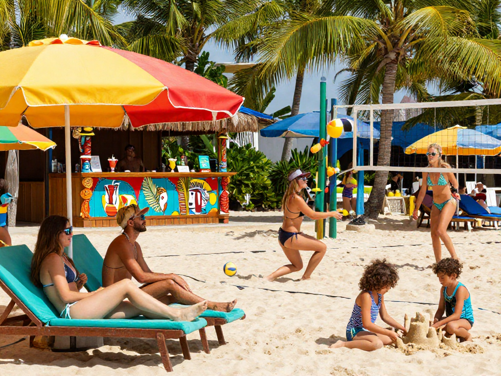 Friends in stylish BIKINISLOT swimwear enjoying a vibrant beach day with cocktails and volleyball.