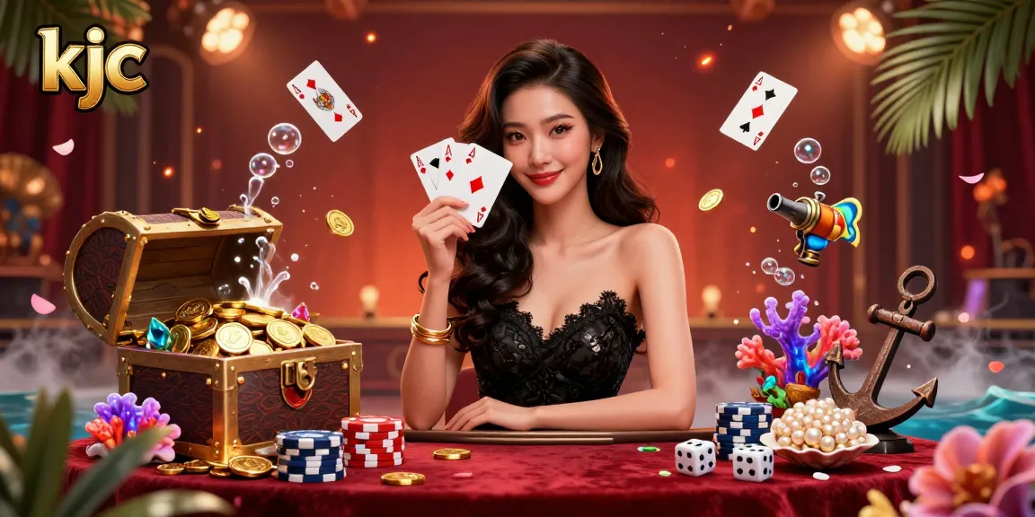 Experience KJC's thrilling casino atmosphere with a stylish Asian woman holding winning cards amidst golden treasures and lively gaming elements.