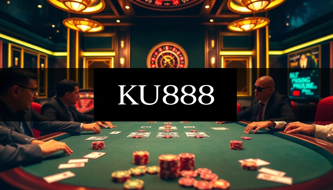 Engaged players strategizing at the KU888 poker table in a luxurious casino setting.