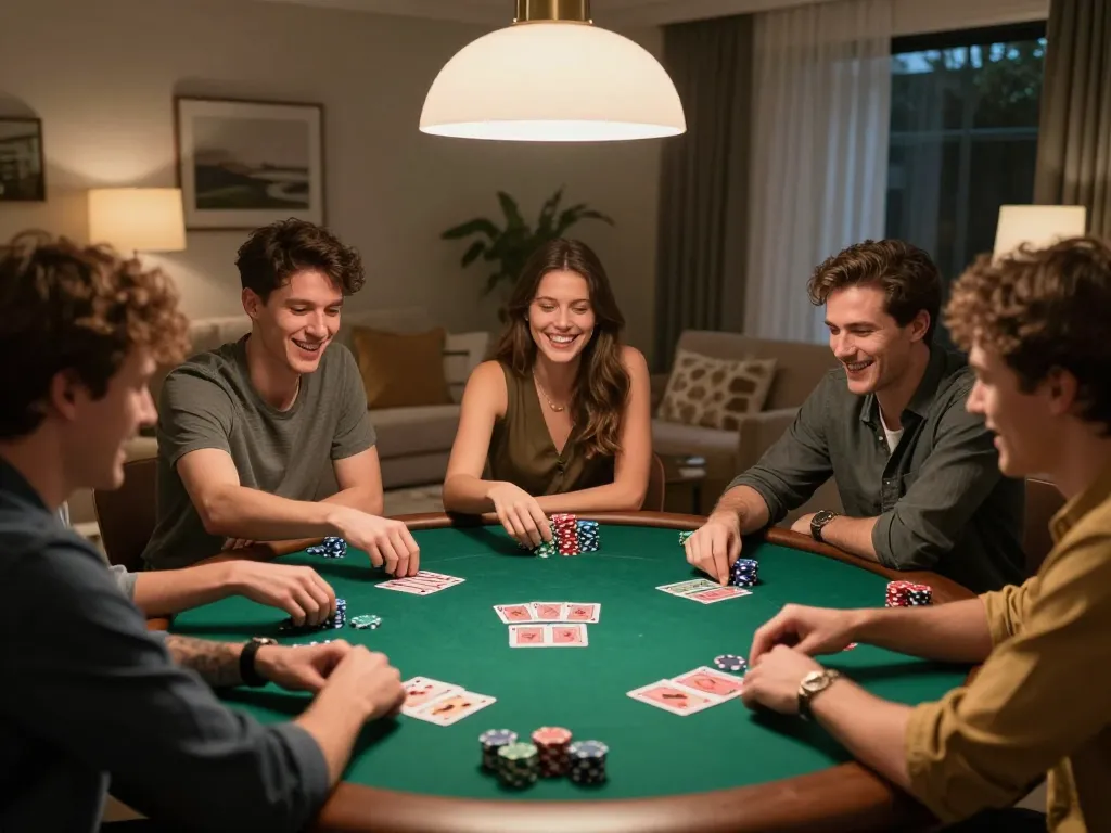 lu88 poker night with friends enjoying a competitive game in a cozy home setting