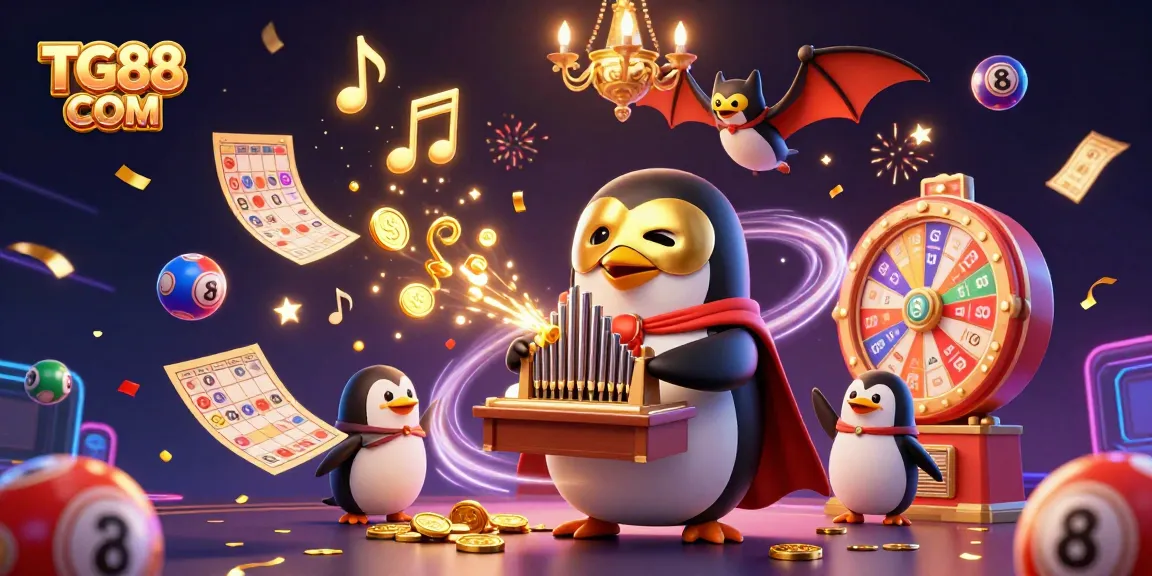 Experience exciting gameplay at TG88 COM with a dynamic 3D casino scene featuring a penguin, bat acrobat, and vibrant gaming elements.