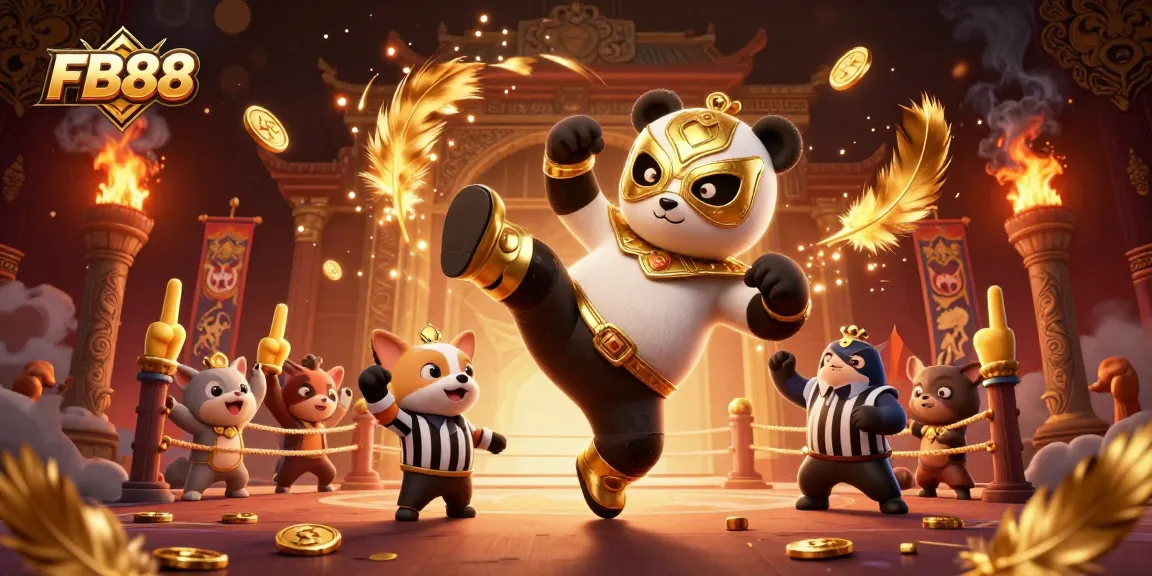 FB88 showcases an exciting scene with a wrestling panda flying kick and dynamic animal spectators