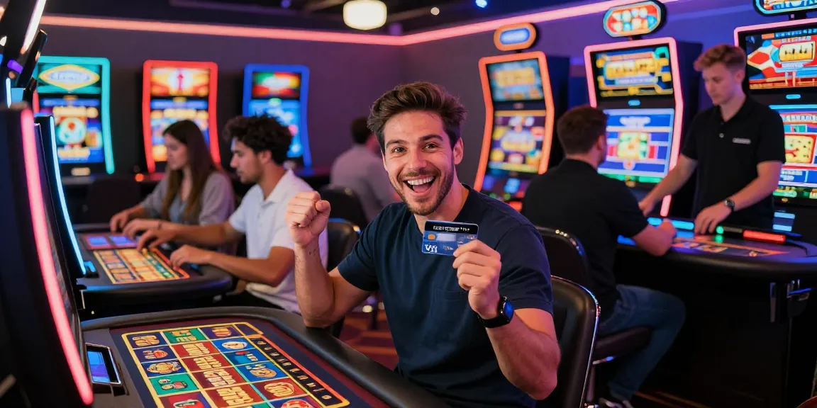 Players enjoying the thrill of credit card casinos at a vibrant gaming room, celebrating wins and using Visa cards.