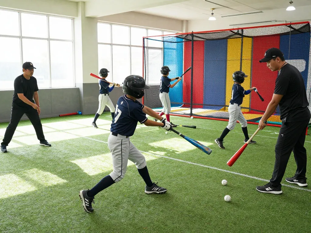 Young athletes in hit club practicing hitting skills in an indoor baseball training facility.