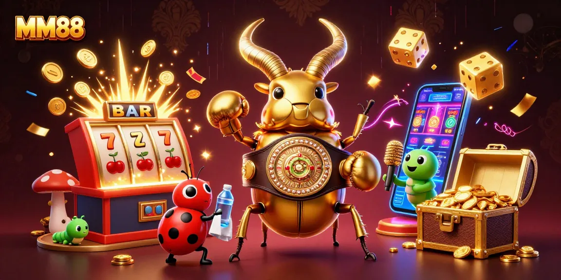Experience the excitement of MM88 with a vibrant 3D casino scene involving slot machines, golden coins, and lively characters.