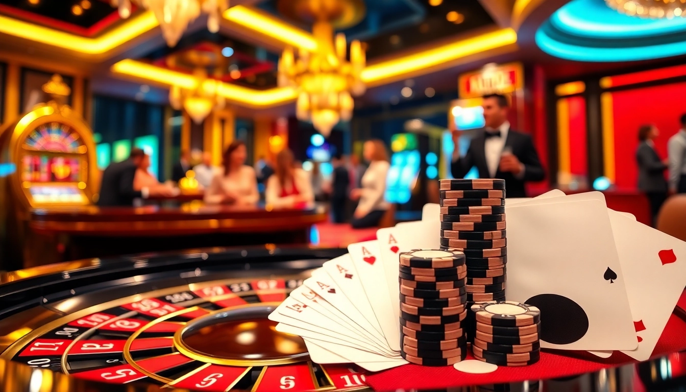 A thrilling gambling scene at 79king casino with vibrant poker chips and a roulette table.