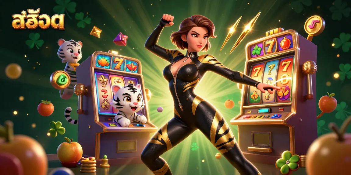 Spin the reels with สล็อต excitement as a 3D character and baby tiger play in a colorful casino.