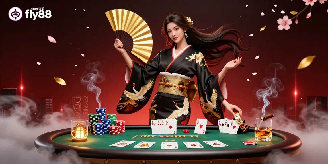 Engage in gaming excitement with đăng ký fly88, showcasing an elegant scene of poker action and casino glamour.