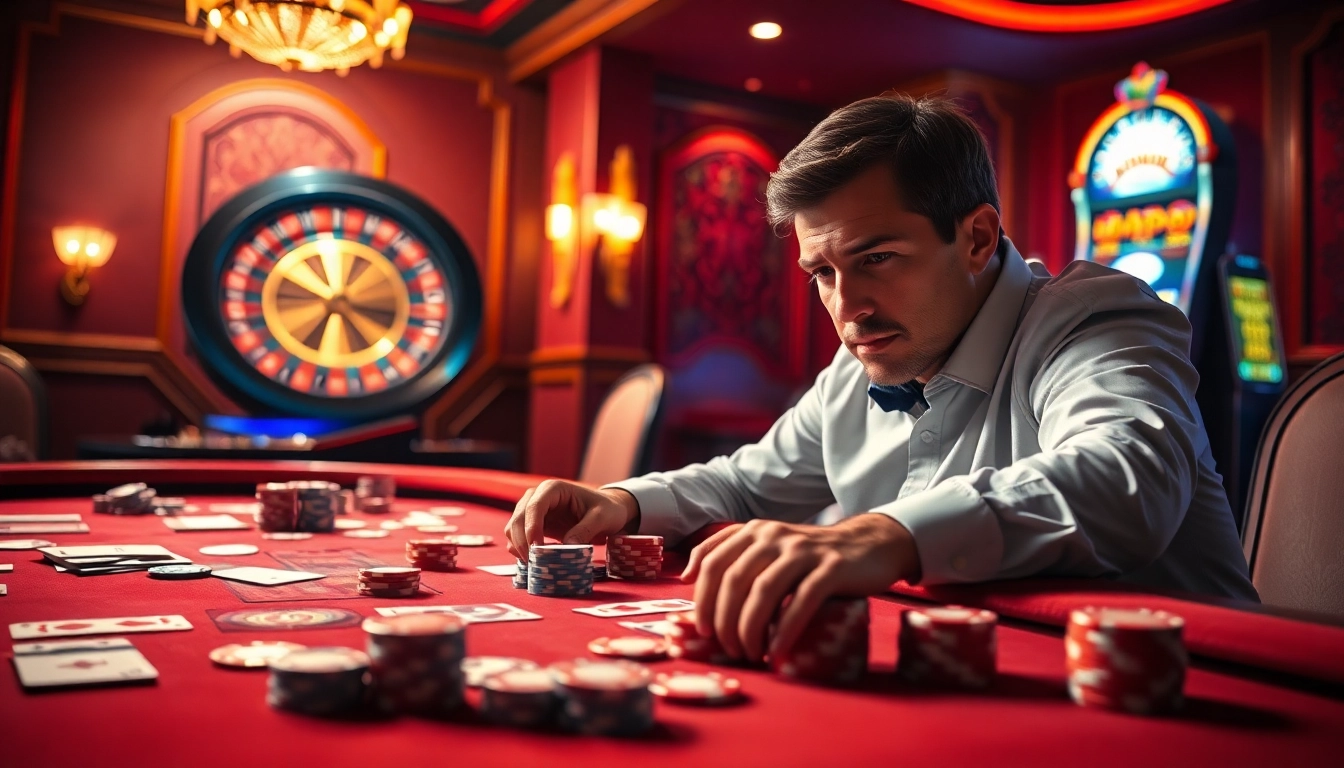 Players engaging in thrilling casino games at kkwin.com, showcasing poker chips and a roulette wheel.