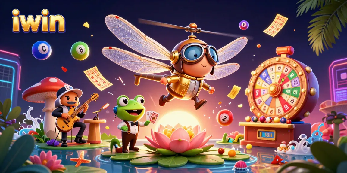 Experience exciting gaming moments with iwin as a dragonfly pilot soars over a lily pad casino.