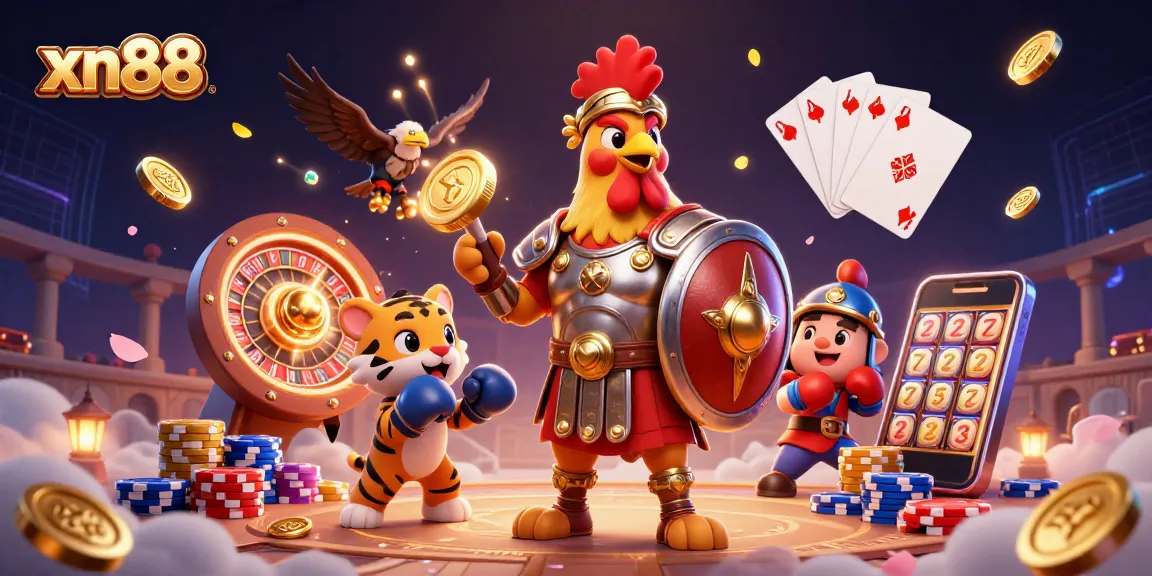 Engage in thrilling gameplay with xn88's vibrant casino scene featuring dynamic characters and iconic gambling elements.
