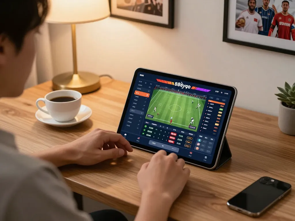 Person placing a bet on 88vvgo using a tablet in a stylish home office setting.