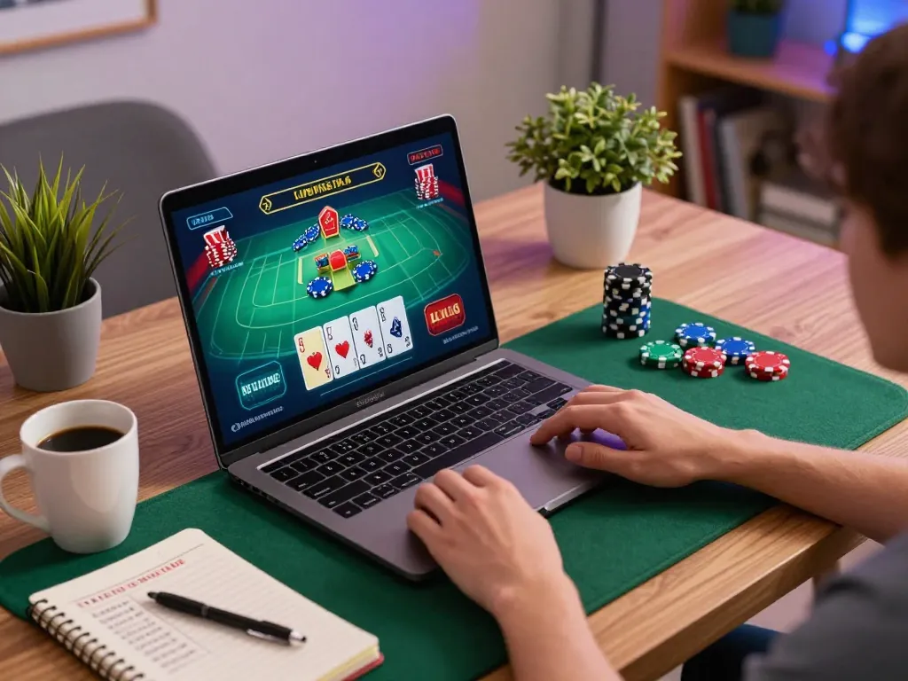 bl555 user enjoying live casino gameplay on laptop at cozy home setup