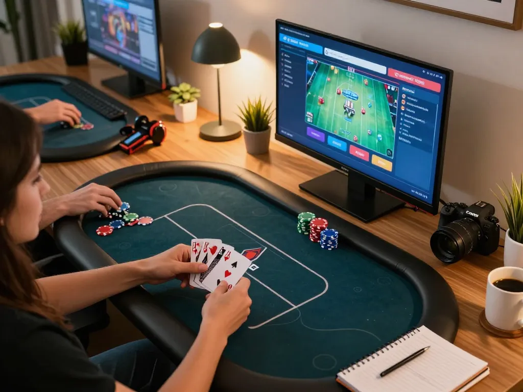 Person engaged in online poker at home using pucuk138 platform, showcasing strategic gameplay.