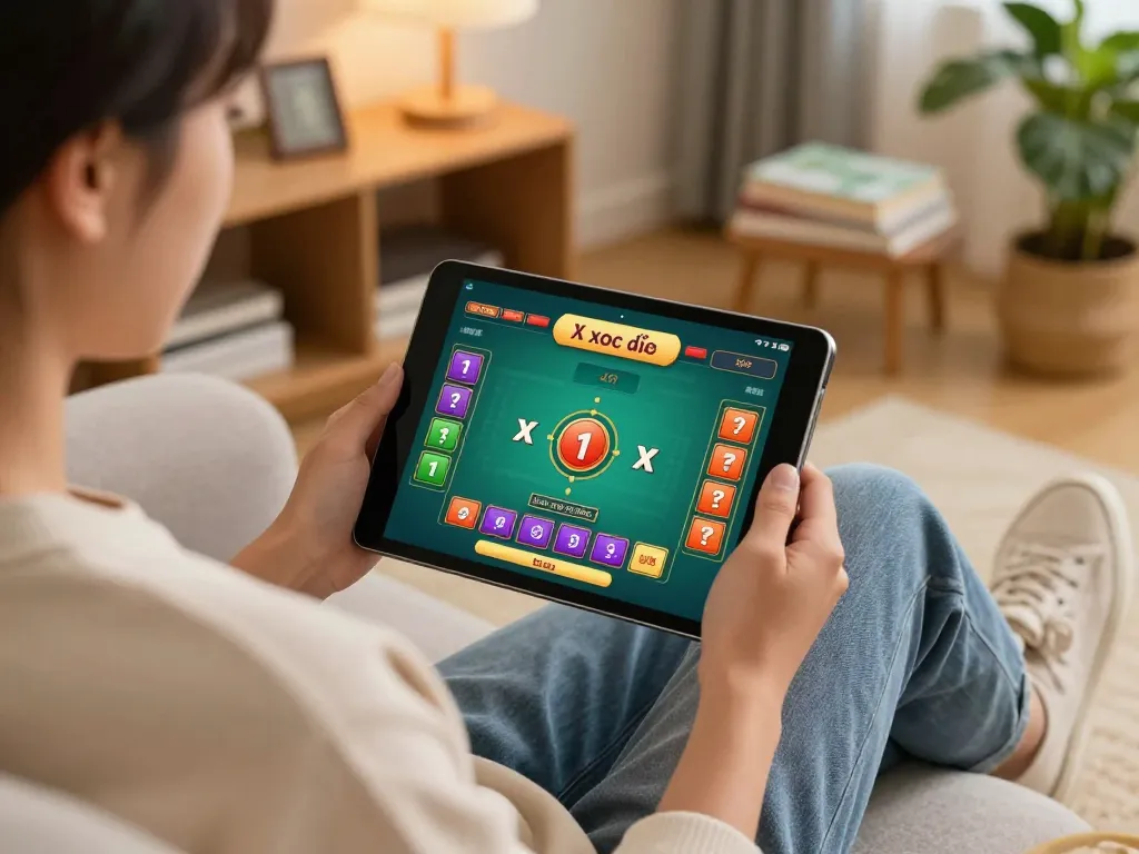 Engaged player using a tablet for xóc đĩa, showcasing online gaming at home.