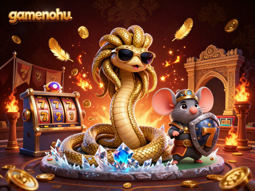 Experience exciting wins with gamenohu in a vibrant casino scene featuring Medusa and a warrior.