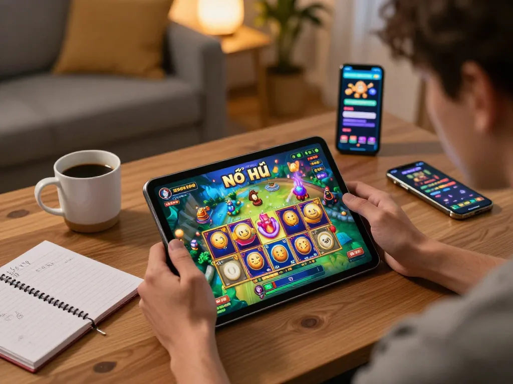Nổ hũ gameplay experience on tablet in a cozy home setting with strategy notes.