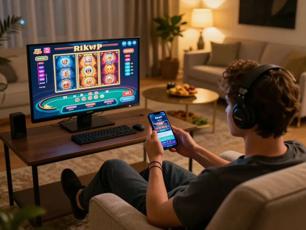 Player enjoying online gaming on the rikvip app on mobile in a cozy home setting.