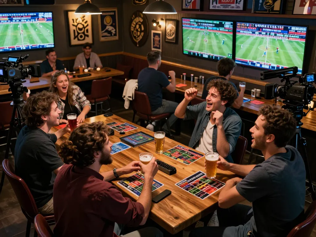 Tỷ lệ kèo nhà cái hôm nay displayed on sports betting screens in a lively bar setting