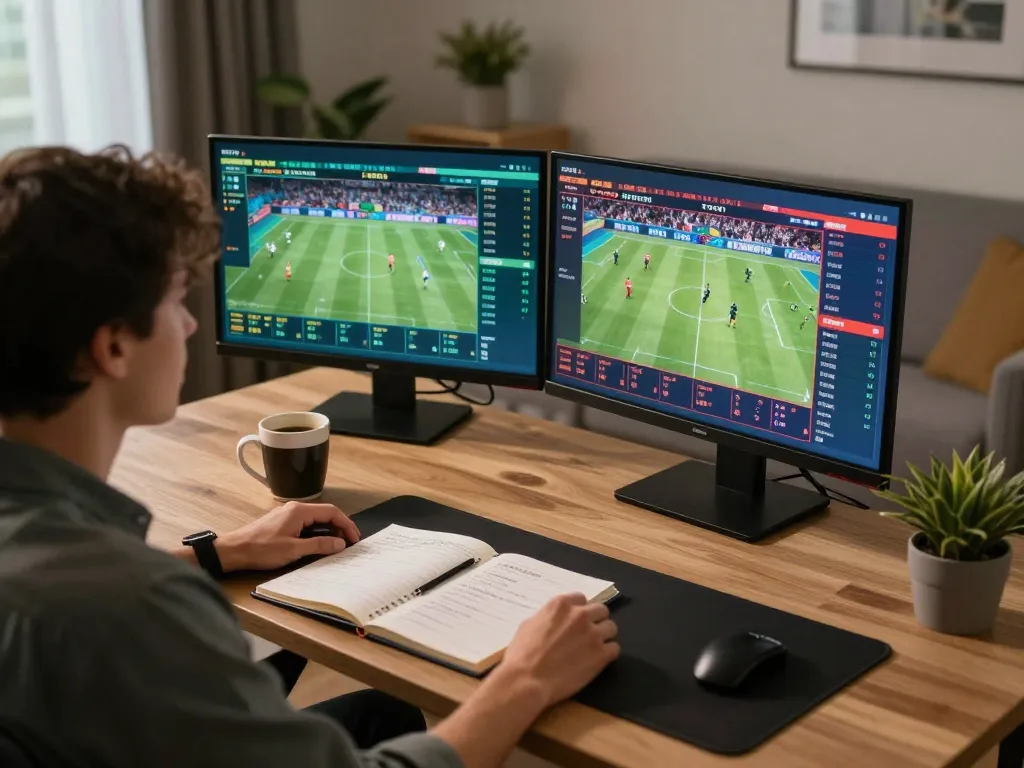 Engaging scene of keobongda sports betting on multiple screens in a cozy home office.