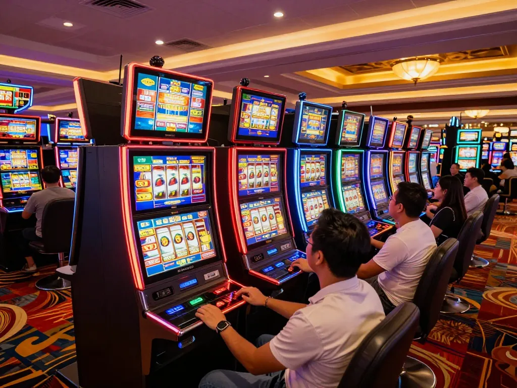 Engaged players spin reels at popular slot machines showcasing Slot Malaysia gaming excitement.