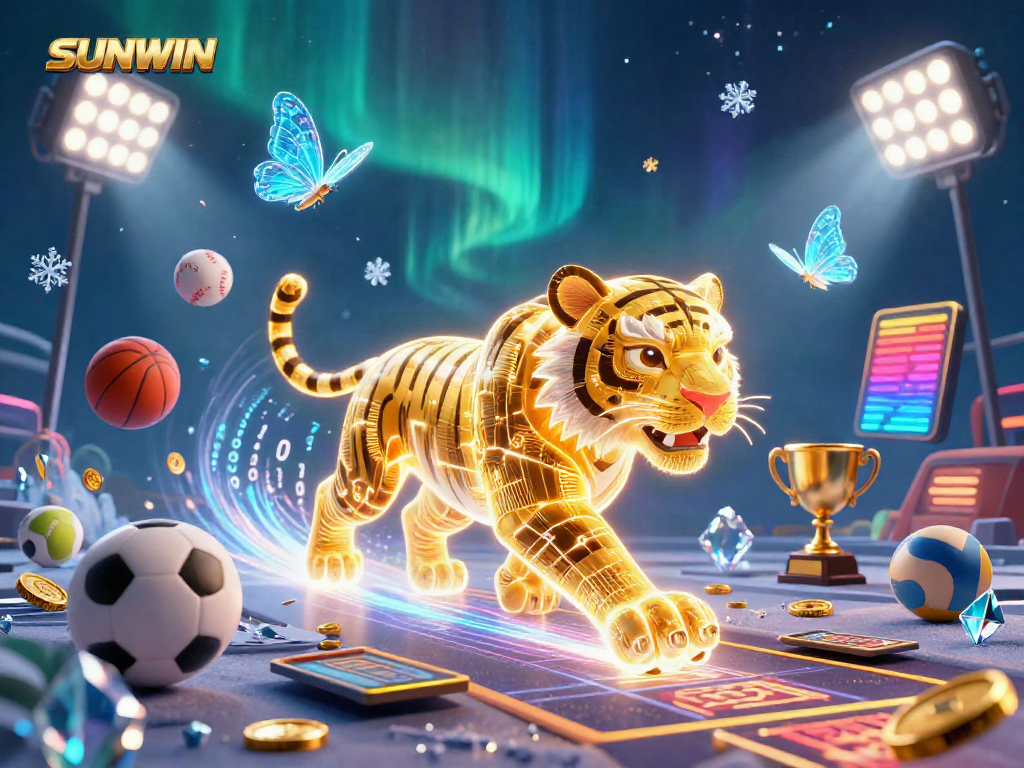 SUNWIN inspires excitement in a digital casino landscape featuring a light-energy tiger surrounded by sports elements and gold coins.
