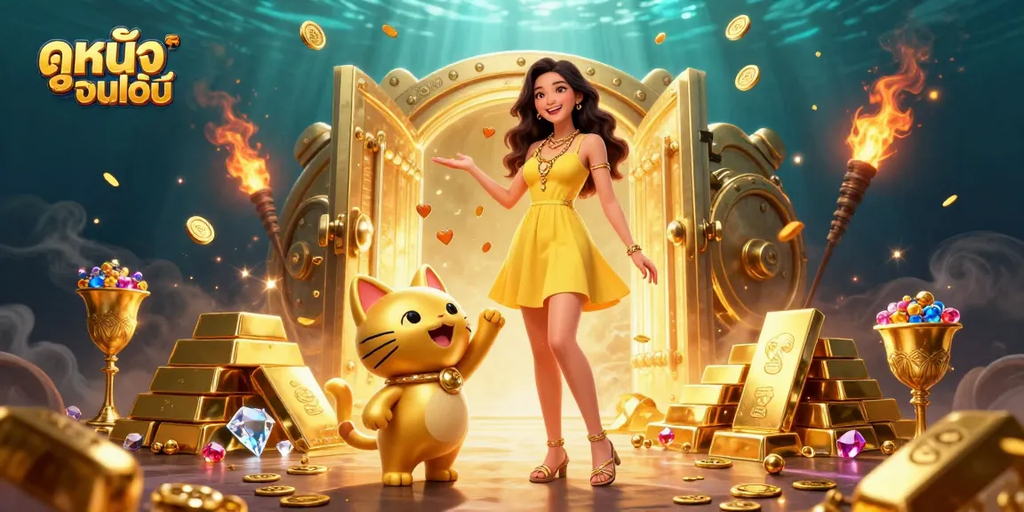 Enjoy ดูหนังออนไลน์ with a cheerful woman and a lucky cat in a vibrant casino scene.