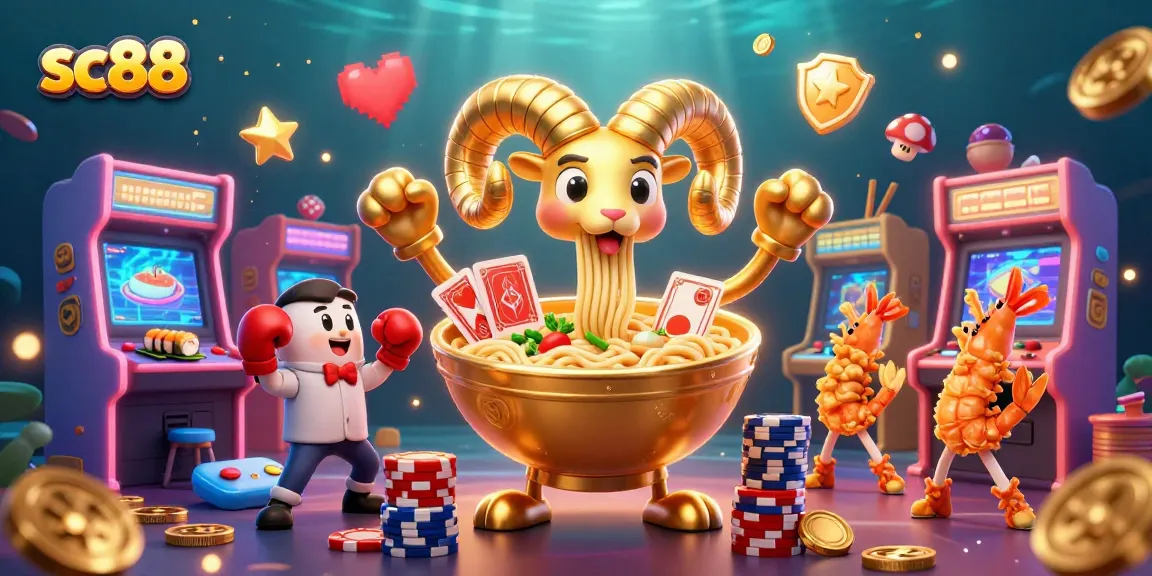 Experience the thrill of sc88 casino with a vibrant 3D illustration featuring a golden ramen bowl dealer and dynamic game elements.