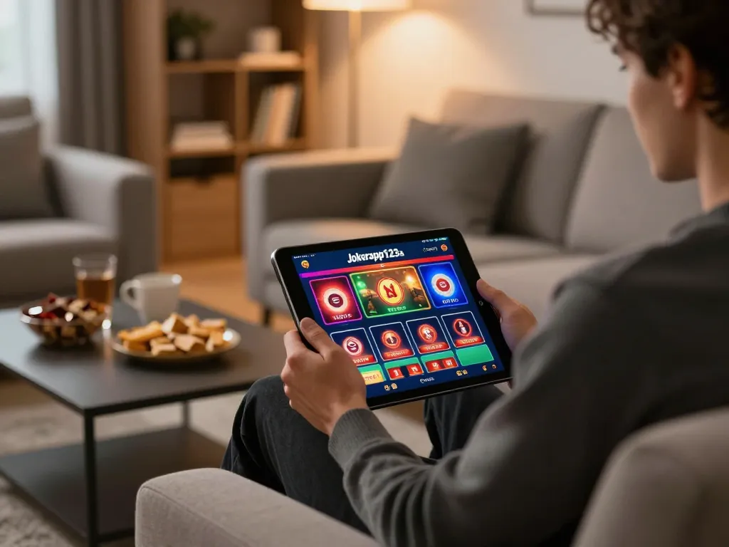 Engaging with jokerapp123a on a tablet in a cozy home environment, showcasing online gaming.